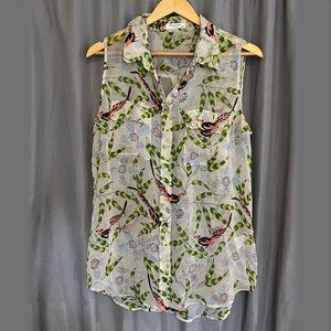EQUIPMENT Femme Sheer Bird and Leaves Sleeveless Silk Top | L